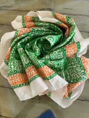 Green, Orange and Cream Patterned Scarf silk hand rolled, made in India 33” x 33